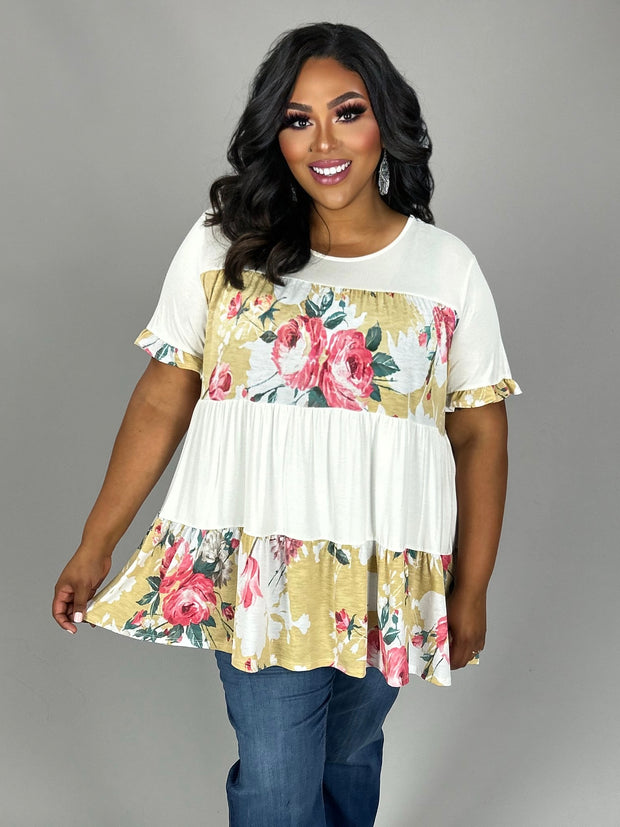 SALE!! 46 CP-A {How About It} Ivory Floral Print Tiered Top PLUS SIZE XL 2X 3X