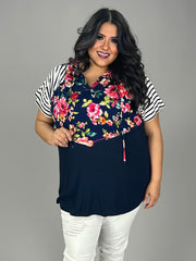 11 HD-E {Floral Influence} Navy Floral/Stripe Hoodie PLUS SIZE 1X 2X 3X