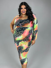 LD-N {Call Me Baby} Pink/Green Leopard One Shoulder Dress PLUS SIZE XL 2X 3X