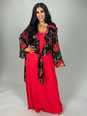 SALE!! LD-T {The Rose Wins} Black/Red Rose Print Kimono PLUS SIZE 1X 2X 3X