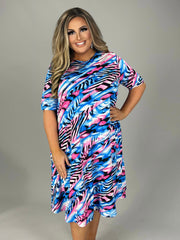 97 PSS-S {Out Of Sight} Blue/Pink Printed Dress PLUS SIZE 1X 2X 3X