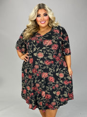 86 PSS-C {Soulful Looks} Black w/ Red Floral Print Dress EXTENDED PLUS SIZES 3X 4X 5X