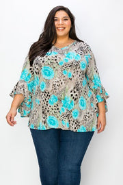 79 PQ {Honest Truth} Taupe/Blue Animal & Rose Print Ruffle Sleeve Top EXTENDED PLUS 4X 5X 6X