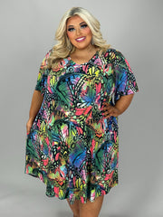 75 PSS-U {Hoping To Fly} Blue Green Butterfly V-Neck Dress  EXTENDED PLUS SIZE 1X 2X 3X 4X 5X