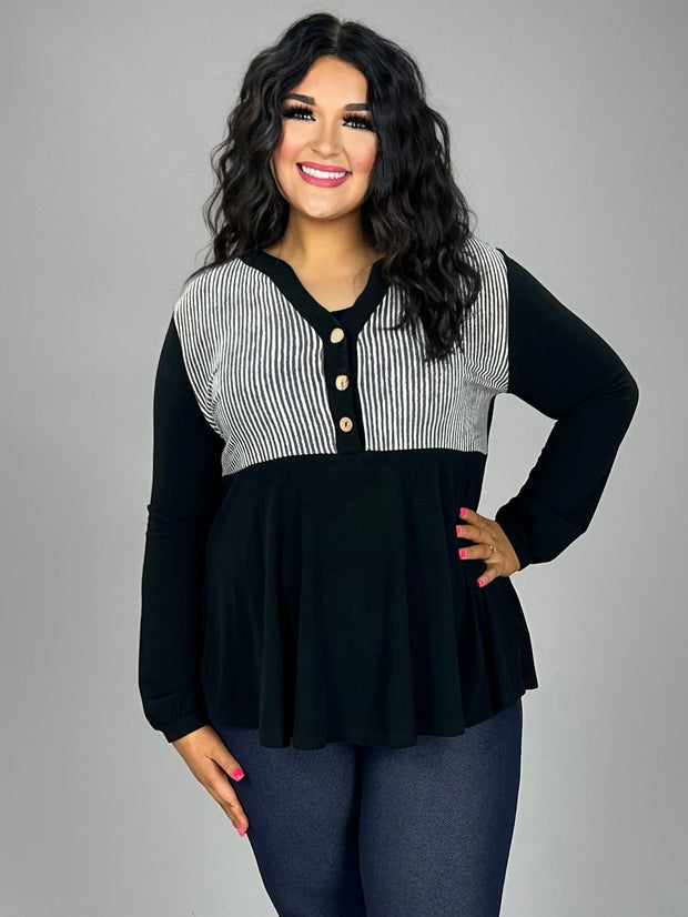 61 CP-A {Something More} Black Stripe Print V-Neck Top PLUS SIZE 1X 2X 3X