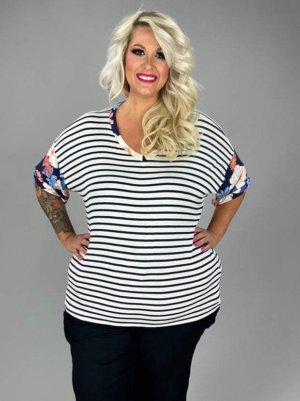 SALE!! 26 CP-O {Everyday Comfy} Navy Stripe Floral Top PLUS SIZE 1X 2X 3X