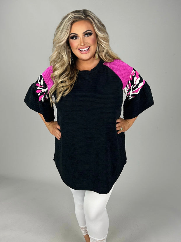 30 CP {Cool Kid} Black/Fuchsia Textured Top w/Print Contrast PLUS SIZE 1X 2X 3X