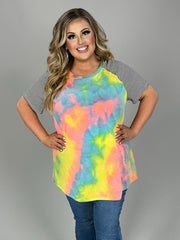 SALE!! 33 CP-P {All I Know} Neon Coral Tie Dye Stripe Sleeve Top PLUS SIZE XL 2X 3X