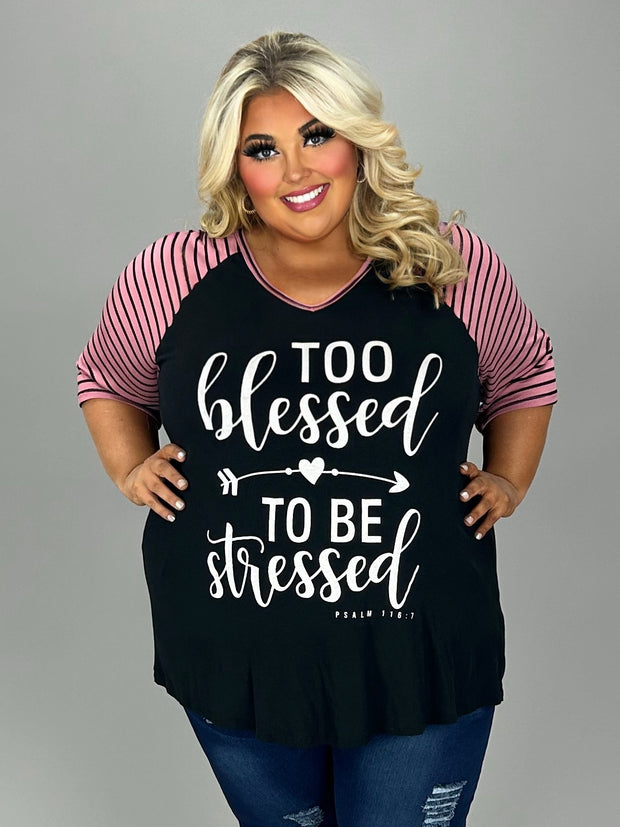 26 GT {Too Blessed} Black/Mauve Stripe Graphic Tee CURVY BRAND!!!  PLUS SIZE XL 2X 3X (May Size Down 1 Size)