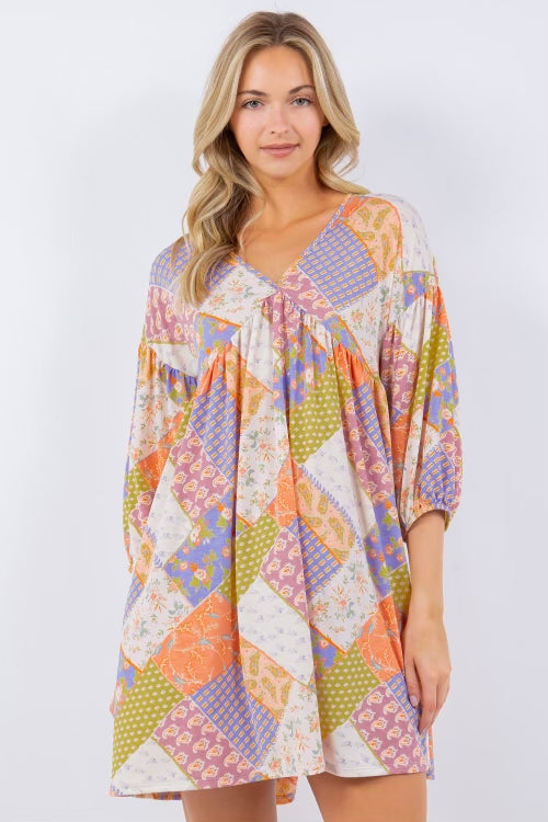 SALE!! 52 PQ {Beautiful Routine} Blue/Peach Mixed Print Dress PLUS SIZE 1X 2X 3X