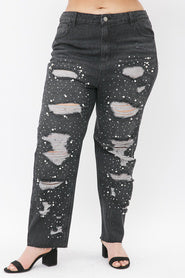 SALE!! LEG-I Cuteness Calling} VOCAL Dark Distressed Pearl  Embellished Jeans PLUS SIZE XL 2X 3X