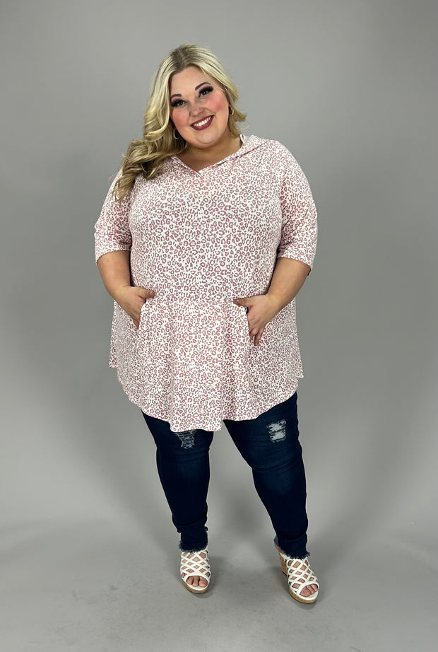 32 HD {Love Again} Pink Leopard V-Neck Short Sleeve Hoodie CURVY BRAND EXTENDED PLUS SIZE 3X 4X 5X