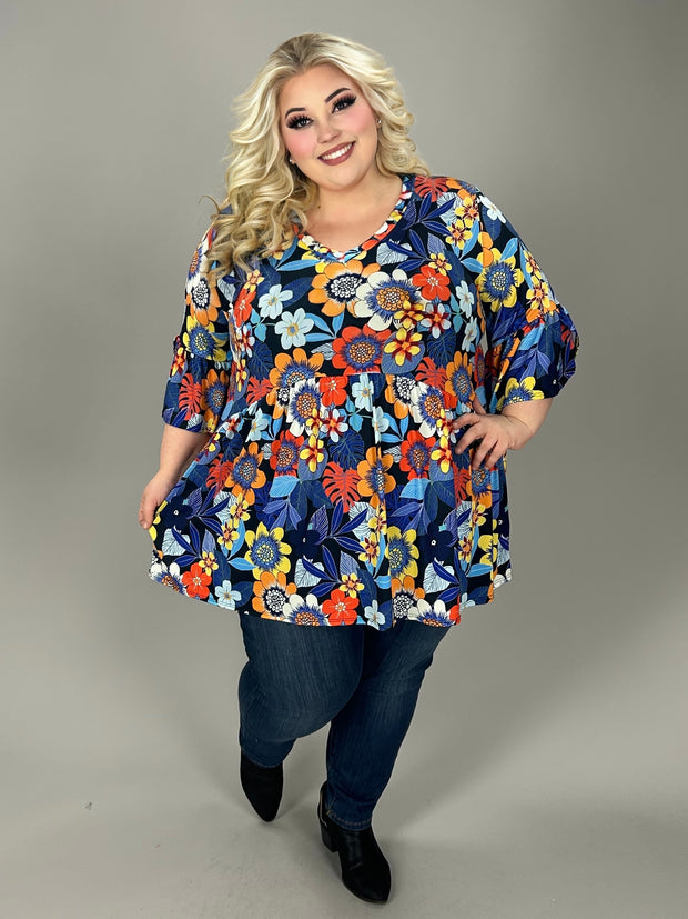 49 PSS {Garden Gate} Blue/Orange Floral Babydoll V-Neck Top  EXTENDED PLUS SIZE 3X 4X 5X