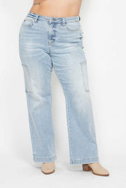 SALE!! LEG-H {Judy Blue} Light Blue Acid Washed High Waisted Denim Cargo Jeans