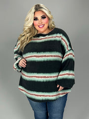 12 PLS {Here Comes Trouble} Black w/Teal & Mauve Striped Top EXTENDED PLUS SIZE 3X 4X 5X