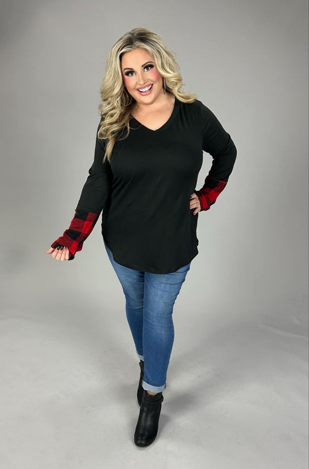 66 CP-A {Something Good} Black V-Neck Top w/Red Plaid Sleeve  PLUS SIZE 1X 2X 3X