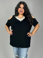 52 OS {Incredible Look} Black Top w/Ivory Crochet Neckline PLUS SIZE 1X 2X 3X