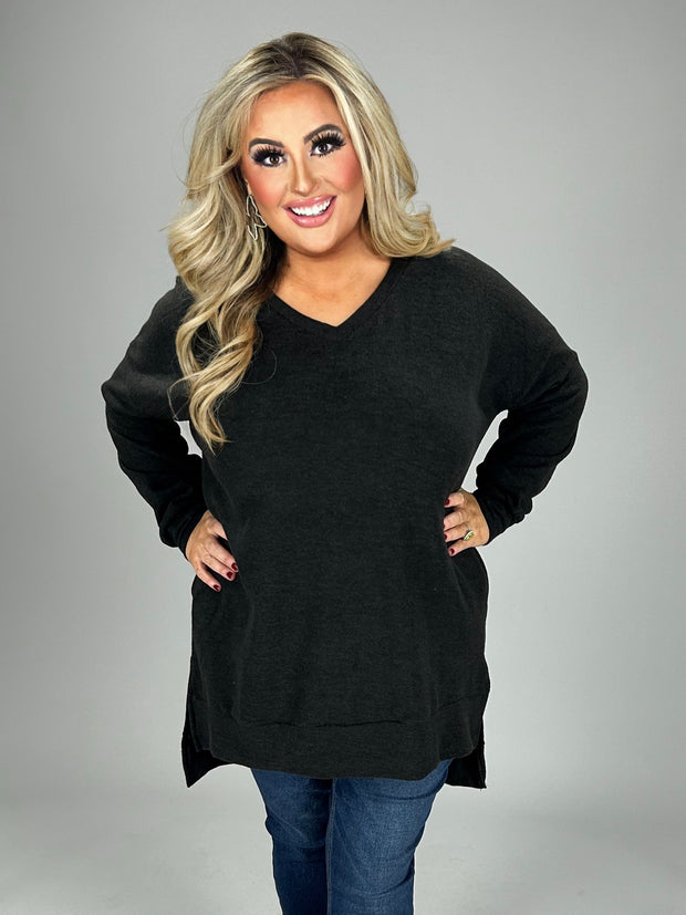 56 SLS-H  {Cozy Nights} Black V-Neck Long Sleeve Top PLUS SIZE 1X 2X 3X