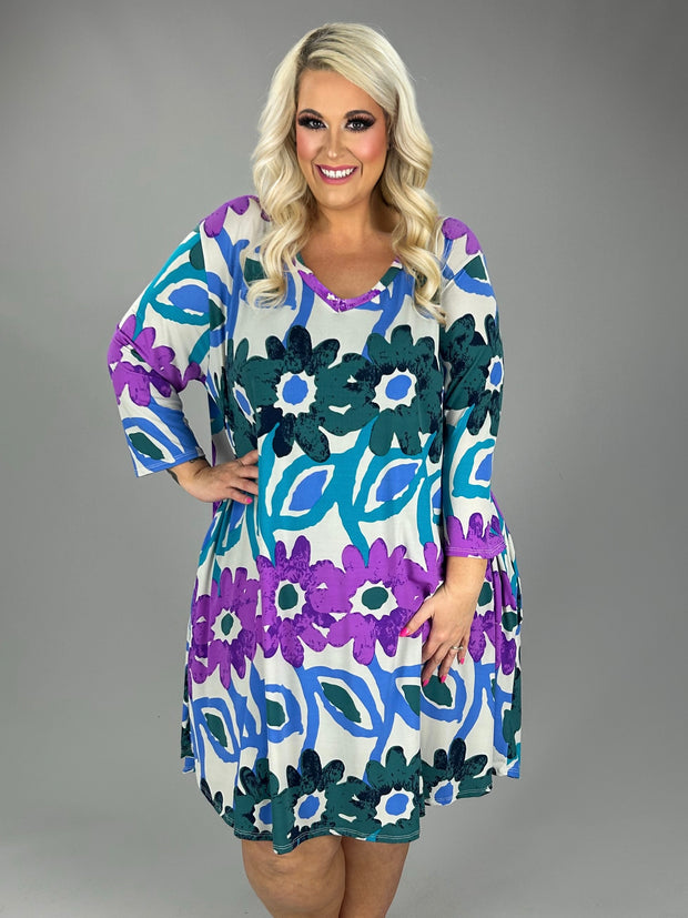 30 PQ {Feeling So Fun} Purple/Multi Large Floral V-Neck Dress EXTENDED PLUS SIZE 3X 4X 5X