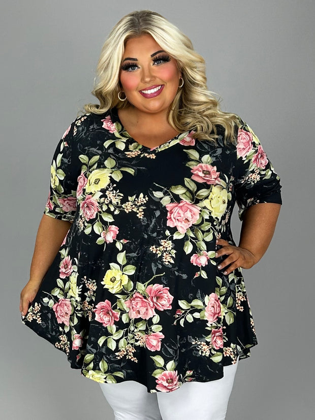 34 PSS {May I Have Your Attention} Black Floral V-Neck Tunic EXTENDED PLUS SIZE 3X 4X 5X