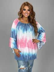 SALE!! 26 PQ-C {Rooting For You} Pink/Blue Tie Dye Top PLUS SIZE 1X 2X 3X