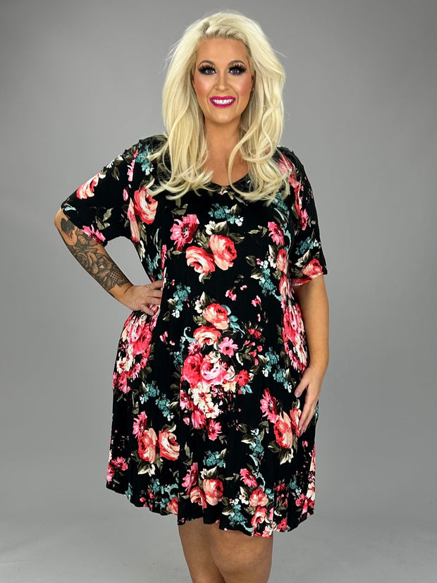 76 PSS-B {Light In The Dark} Black Floral V-Neck Dress PLUS SIZE 3X 4X 5X