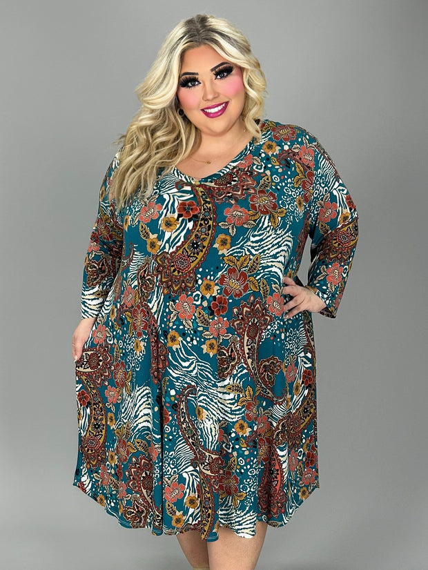 SALE!! 59 PQ {Path To Change} Teal Paisley V-Neck Dress EXTENDED PLUS SIZE 3X 4X 5X