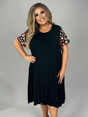 36 CP-A {Stroll Around Town} Black Dress W/Printed Sleeve PLUS SIZE 1X 2X 3X