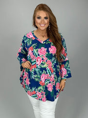 SALE!! 17 PQ-E {Paradise Has Arrived} Navy Floral V-Neck Top PLUS SIZE XL 2X 3X