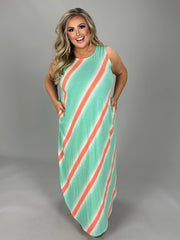 LD-P {Big Adventure} Mint Stripe Print Maxi Dress PLUS SIZE 1X 2X 3X