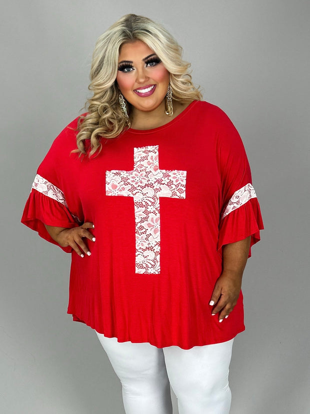 SALE!! 40 SD-V {Mighty Cross} Red/Ivory Lace Cross & Sleeve Detail Top CURVY BRAND!!!  XL 2X 3X 4X 5X 6X (May Size Down 1 Size)