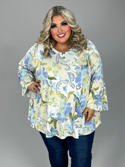 74 PQ {Charming Florals} Ivory/Blue Floral V-Neck Top EXTENDED PLUS SIZE 3X 4X 5X