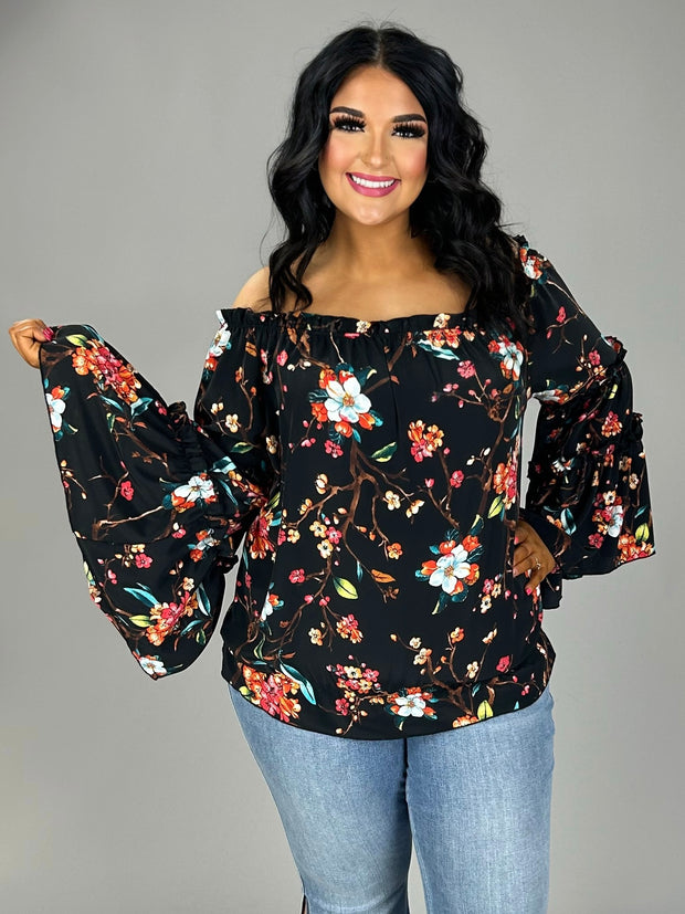 96 OS-A {Make My Heart Race} Black Floral Ruffled Sleeve Top PLUS SIZE XL 2X 3X