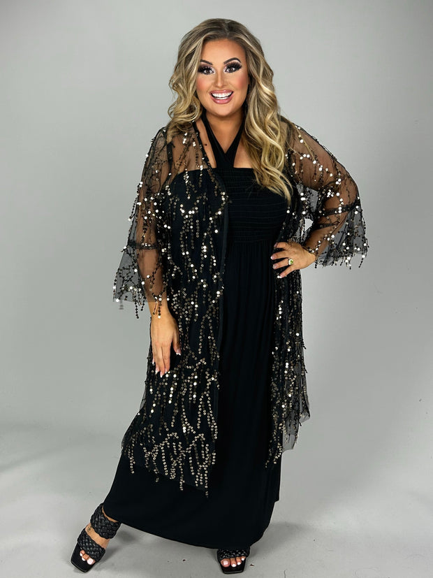 89 OT  {Glitzy Time} Black Sheer Long Cardigan w/Sequins PLUS SIZE 1X 2X 3X