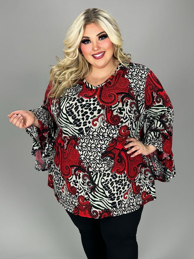 81 PQ {Chasing Perfection} Black/Red Mixed Print Ruffle  Sleeve Top EXTENDED PLUS 4X 5X 6X