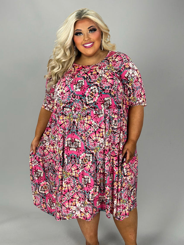 28 PSS {Light Up The Room} Fuchsia/Teal Print Tiered Dress EXTENDED PLUS SIZE 3X 4X 5X