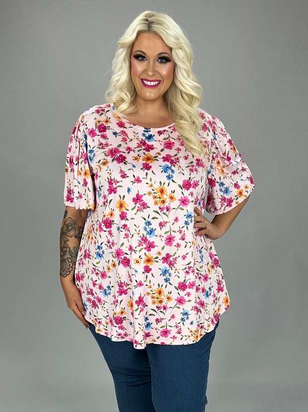 75 PSS {Floral Breakout} Pink Floral Rounded Hem Top PLUS SIZE XL 2X 3X