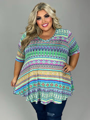 66 PSS {Always Happy} Blue/Multi-Color Geo Print V-Neck Tunic EXTENDED PLUS SIZE 3X 4X 5X