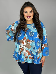 SALE!! 73 PQ {Classy And Comfy} Blue/Brown Floral V-Neck Top EXTENDED PLUS SIZE 3X 4X 5X