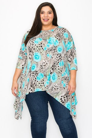 74 PQ {Rose Garden Dreams} Taupe/Blue Asymmetrical  Animal Print Top EXTENDED PLUS SIZE 3X 4X 5X