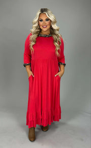 SALE!!  LD-A {Flirty Nature} Red Babydoll Maxi Dress w/Leopard Contrast  PLUS SIZE XL 2X 3X