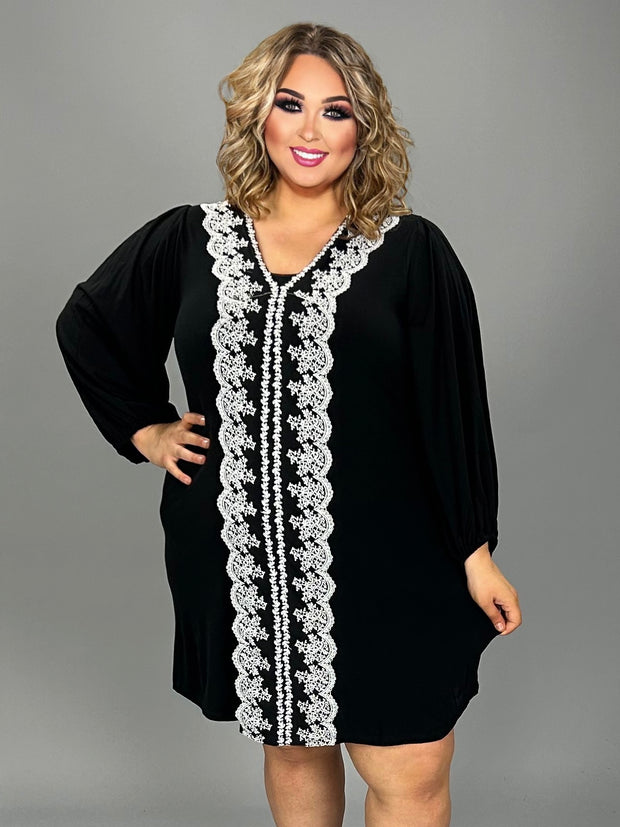 59 SD {Showstopper} Black V-Neck Dress w/Lace Contrast PLUS SIZE 1X 2X 3X