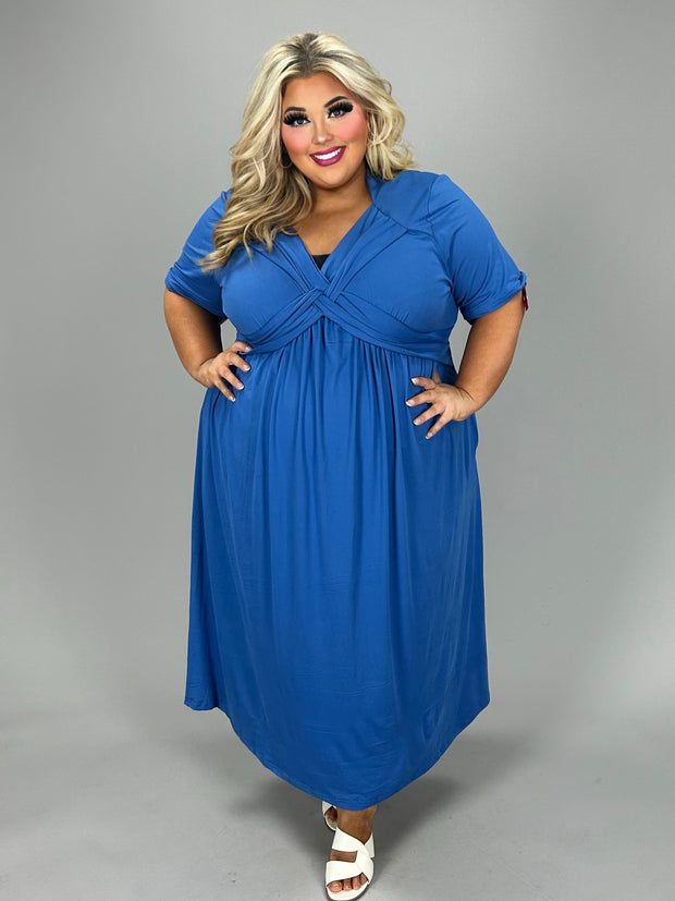 LD-P {Perfectly Devine} Blue V-Neck Midi Dress w/Pockets CW EXTENDED PLUS SIZE 5X