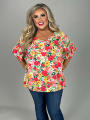 91 PSS-R {My New Best Friend}  Ivory/Coral Floral V-Neck Top PLUS SIZE 1X 2X 3X