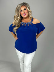 95 OS {Posh Dreams} R. Blue Open Shoulder Top w/Silver Studs PLUS SIZE 1X 2X 3X