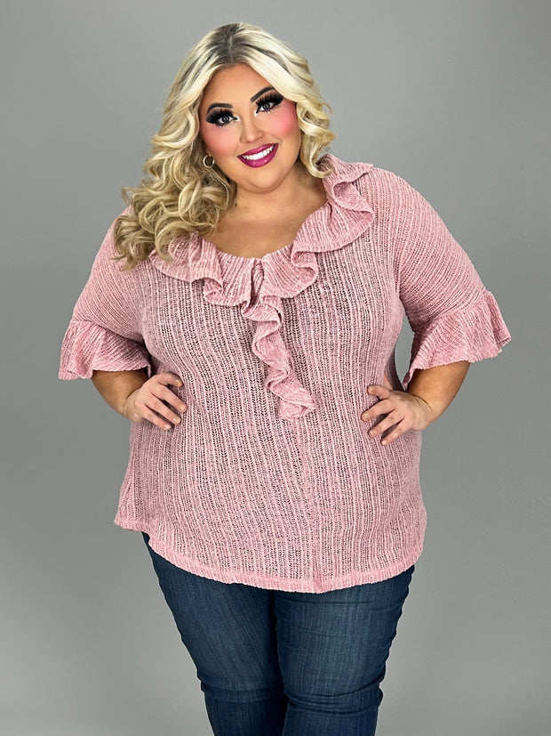 24 SSS {Can't Talk Now} Ruffle Neck Open Weaved Pink Sweater EXTENDED PLUS SIZE 4X 5X 6X