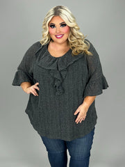 23 SSS {Can't Talk Now} Ruffle Neck Open Weaved Charcoal  Sweater EXTENDED PLUS SIZE 4X 5X 6X