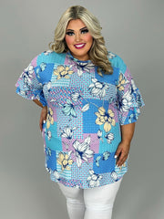 11 PQ {Fresh Take} Sky Blue Floral Geo Print Tunic EXTENDED PLUS SIZE 4X 5X 6X