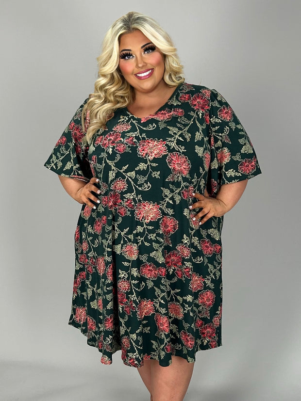 SALE!! 71 PSS-Z {Tasteful Touch} Dk. Olive Floral V-Neck Dress EXTENDED PLUS SIZE 3X 4X 5X