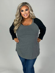 SALE!! 25 CP {Take Me Out} Heather Grey/Black Raglan Sleeve Top PLUS SIZE 1X  2X 3X